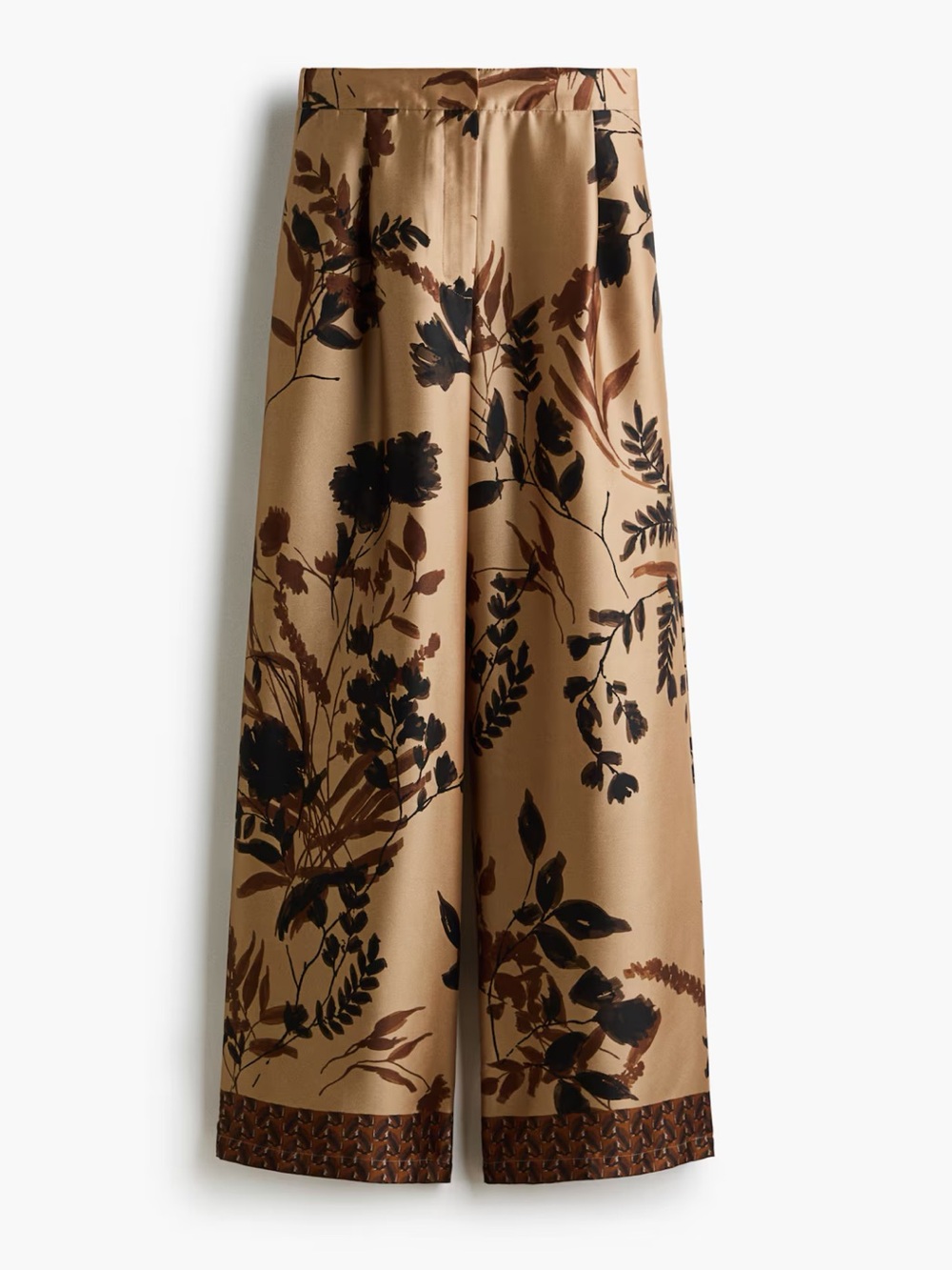 H&M Pleated Satin Twill Floral Wide Leg Pants Size 8 Beige Brown
